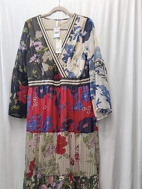 Kaktus Multicolor Mixed Floral Tiered Maxi Dress - Red, Blue, Cream, Black